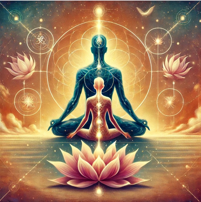 En spirituel illustration af energiflow og lotusblomster, der symboliserer balance og forening af krop og sjæl i forståelsen af hvad er tantra.